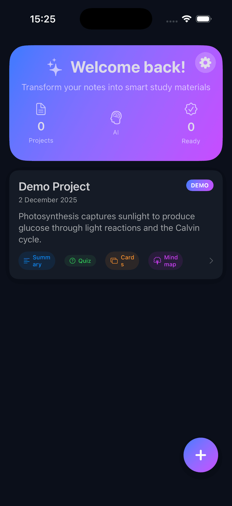 StudyNotes AI app interface