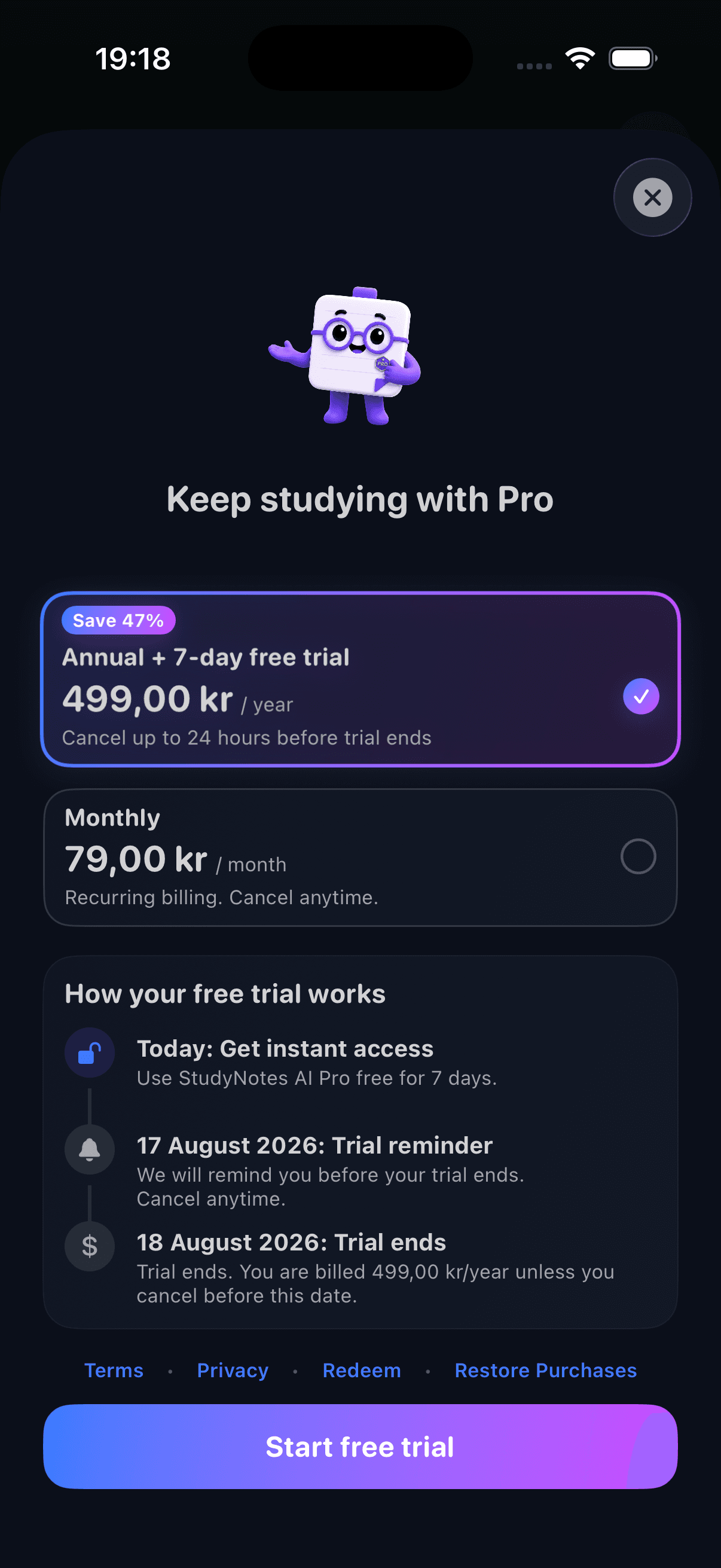 StudyNotes AI paywall showing the annual plan with a 7-day free trial alongside the monthly plan