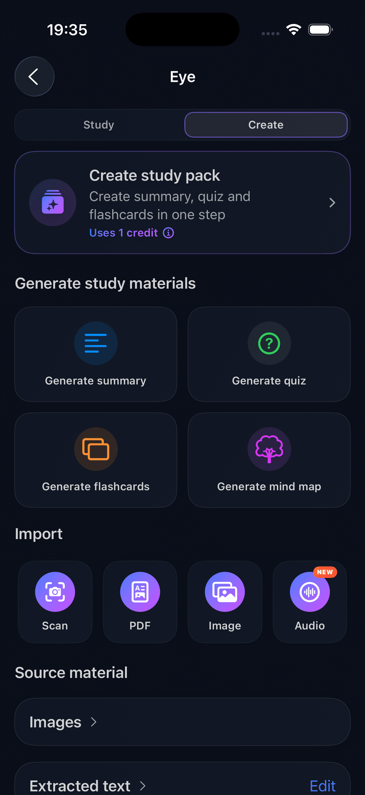 Create-fanen i StudyNotes AI med generering av sammendrag, quiz, flashcards og tankekart, samt import via skanning, PDF, bilde og lyd