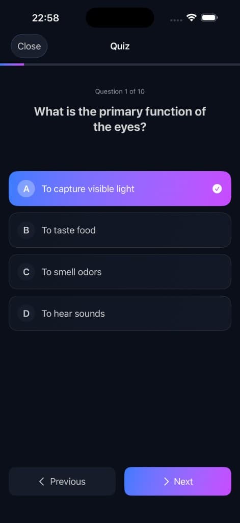 Quiz i StudyNotes AI med spørsmål, svaralternativer og framdrift